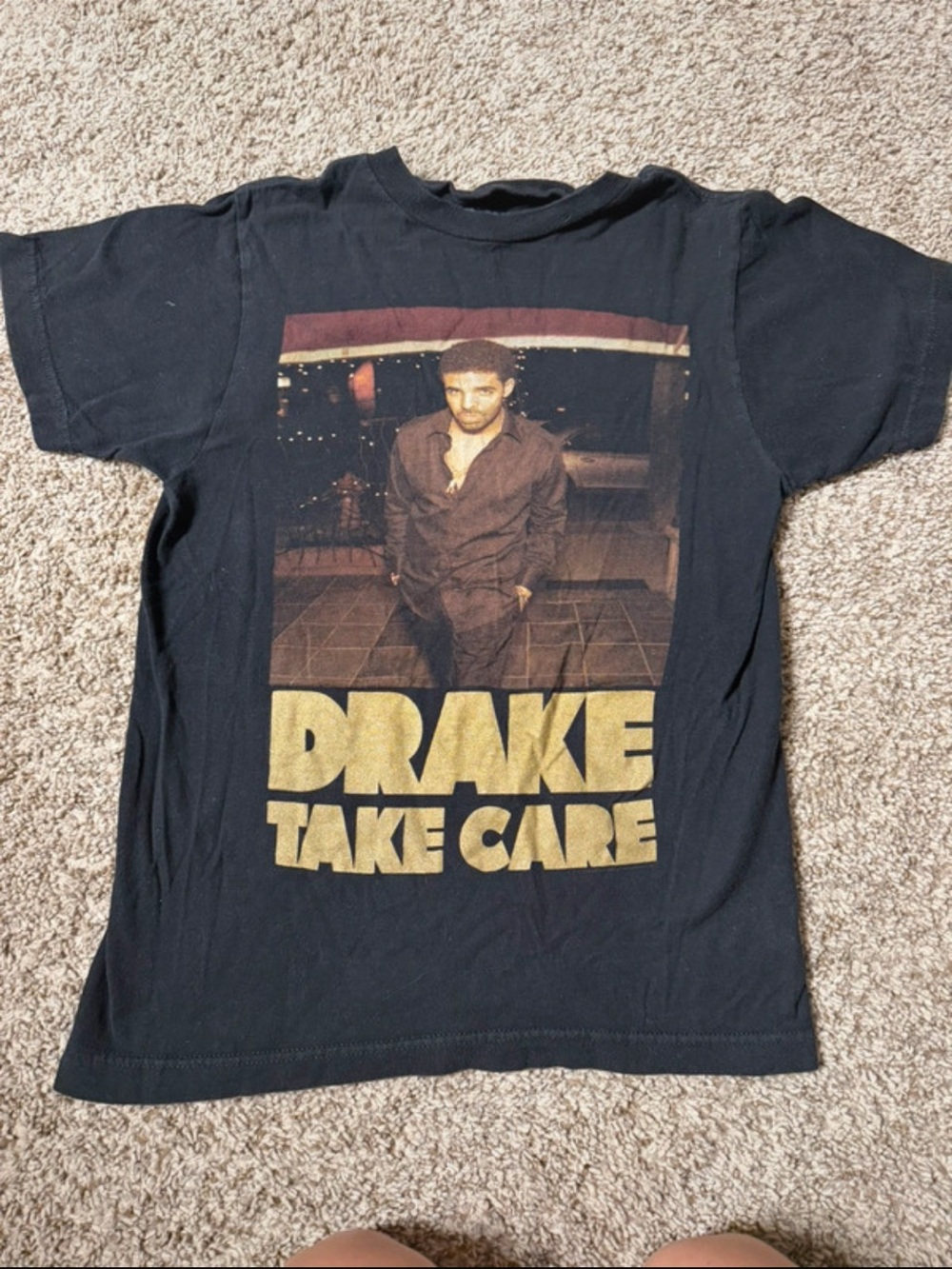 Drake Black Short Sleeve Tee with Gold 'Take Care' Graphic